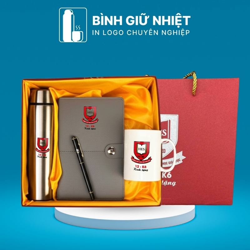 Bộ Giftset quà tặng in logo gồm bình giữ nhiệt, sổ da, bút ký và ly sứ BGS-23