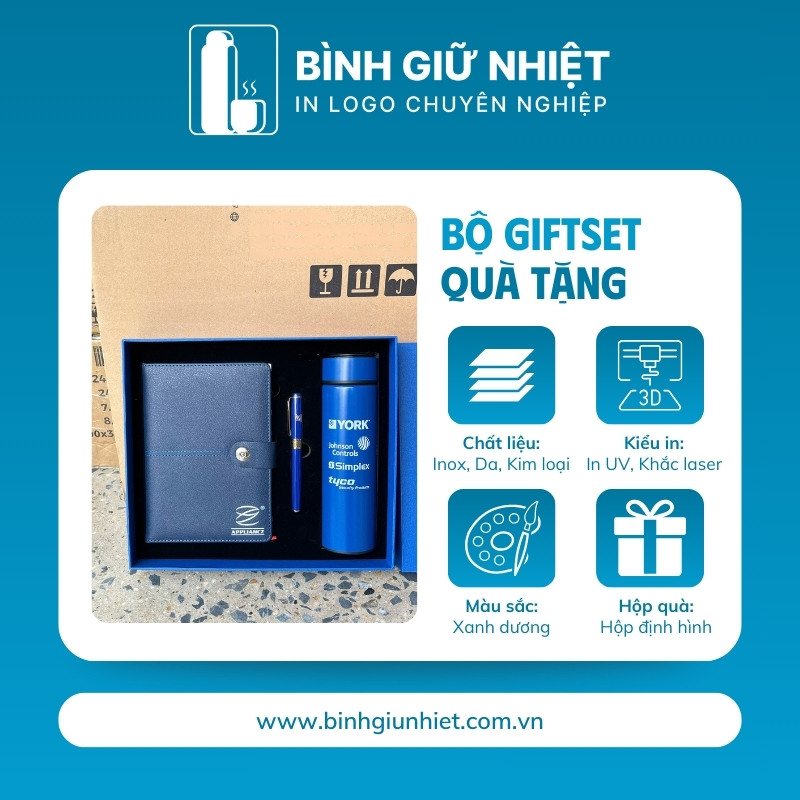 Bộ Giftset quà tặng in logo gồm bình giữ nhiệt, sổ da và bút ký BGS-31