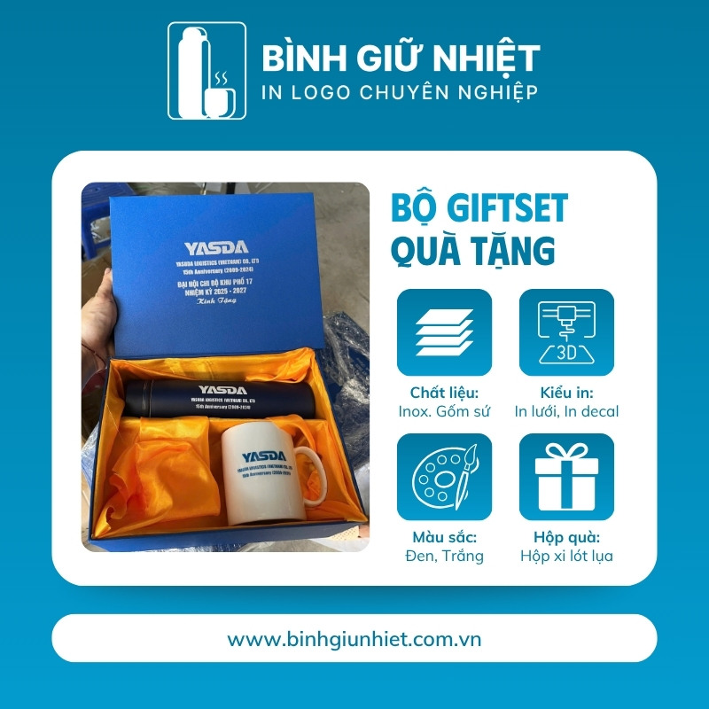 Bộ Giftset quà tặng in logo gồm bình giữ nhiệt và ly sứ BGS-29