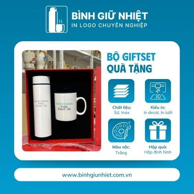 Bộ Giftset quà tặng in logo gồm bình giữ nhiệt và ly sứ BGS-27