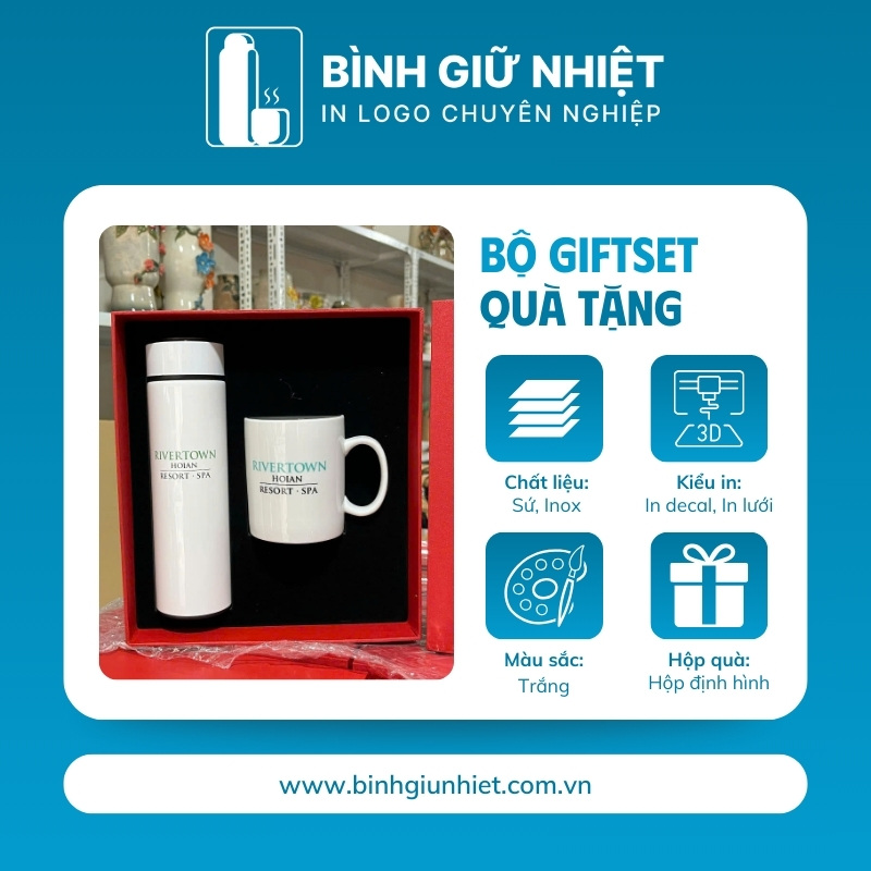 Bộ Giftset quà tặng in logo gồm bình giữ nhiệt và ly sứ BGS-27