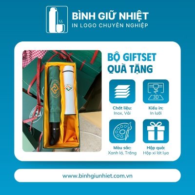 Bộ Giftset quà tặng in logo gồm bình giữ nhiệt và ô dù gấp 3 tự động 1 chiều BGS-30