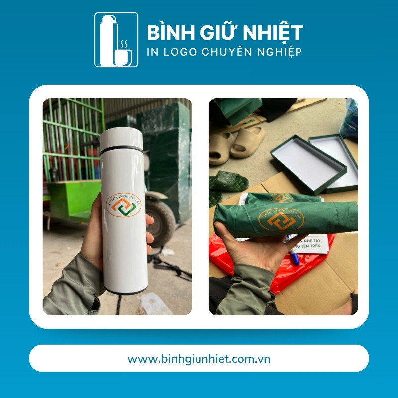 Bộ Giftset quà tặng in logo gồm bình giữ nhiệt và ô dù gấp 3 tự động 1 chiều BGS-30