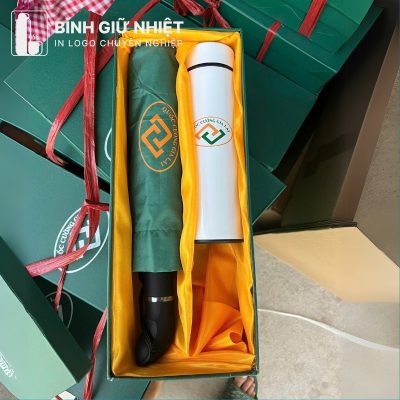Bộ Giftset quà tặng in logo gồm bình giữ nhiệt và ô dù gấp 3 tự động 1 chiều BGS-30