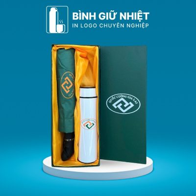 Bộ Giftset quà tặng in logo gồm bình giữ nhiệt và ô dù gấp 3 tự động 1 chiều BGS-30