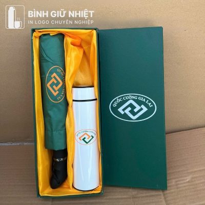 Bộ Giftset quà tặng in logo gồm bình giữ nhiệt và ô dù gấp 3 tự động 1 chiều BGS-30