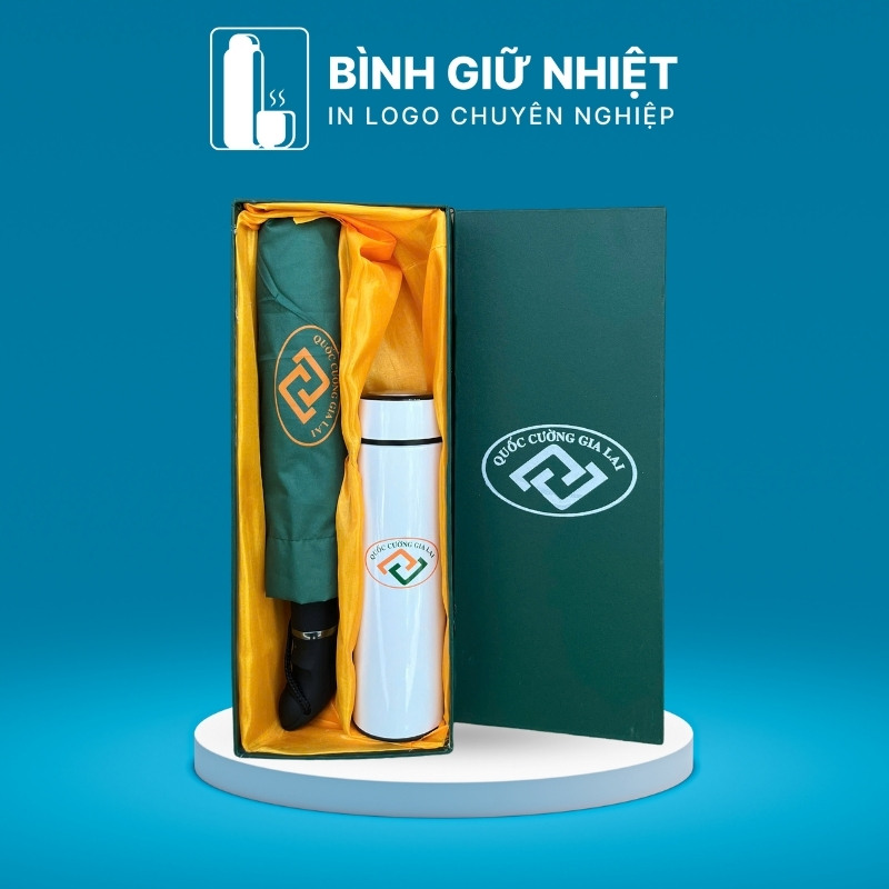 Bộ Giftset quà tặng in logo gồm bình giữ nhiệt và ô dù gấp 3 tự động 1 chiều BGS-30