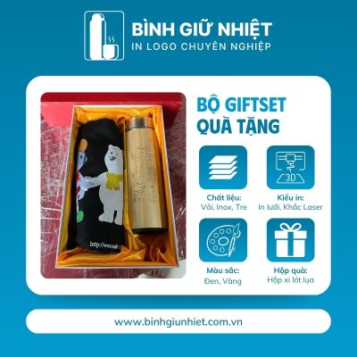 Bộ Giftset quà tặng in logo gồm bình giữ nhiệt và túi canvas BGS-24