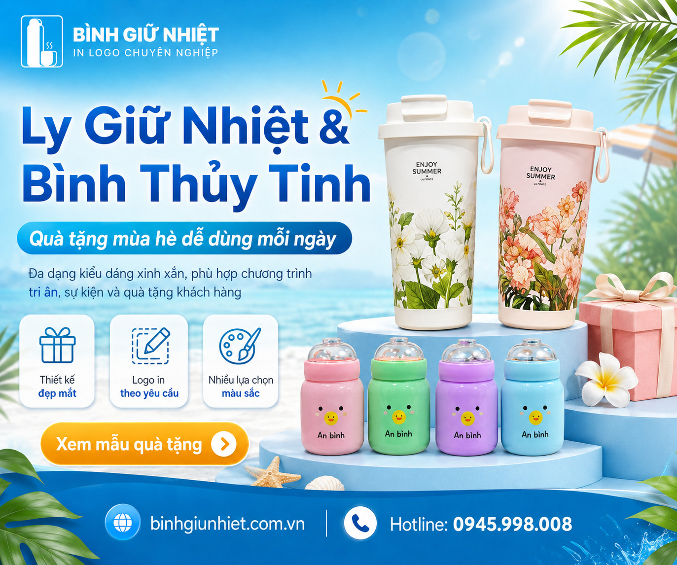 Bình giữ nhiệt thủy tinh in logo thương hiệu - Quà tặng cao cấp